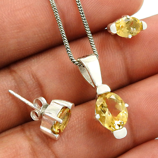 Natural Citrine Gemstone Earrings Pendant 925 Silver Jewelry Set