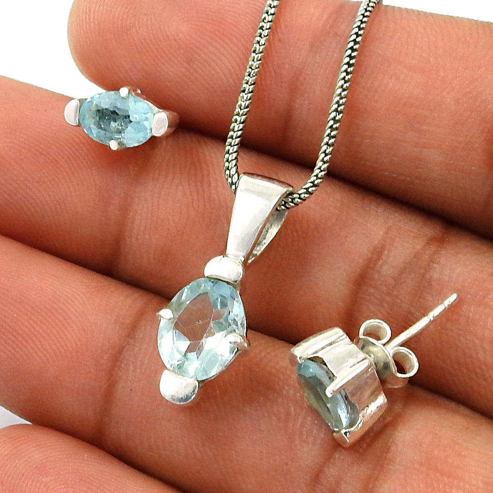 Natural Blue Topaz Earrings Pendant Set 925 Silver Jewelry