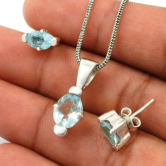 Natural Blue Topaz Earrings Pendant Set 925 Silver Jewelry