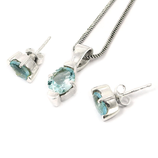 Natural Blue Topaz Earrings Pendant Set 925 Silver Jewelry
