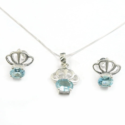 Blue Topaz Earrings Necklace Set 925 Silver Wedding Gift Jewelry