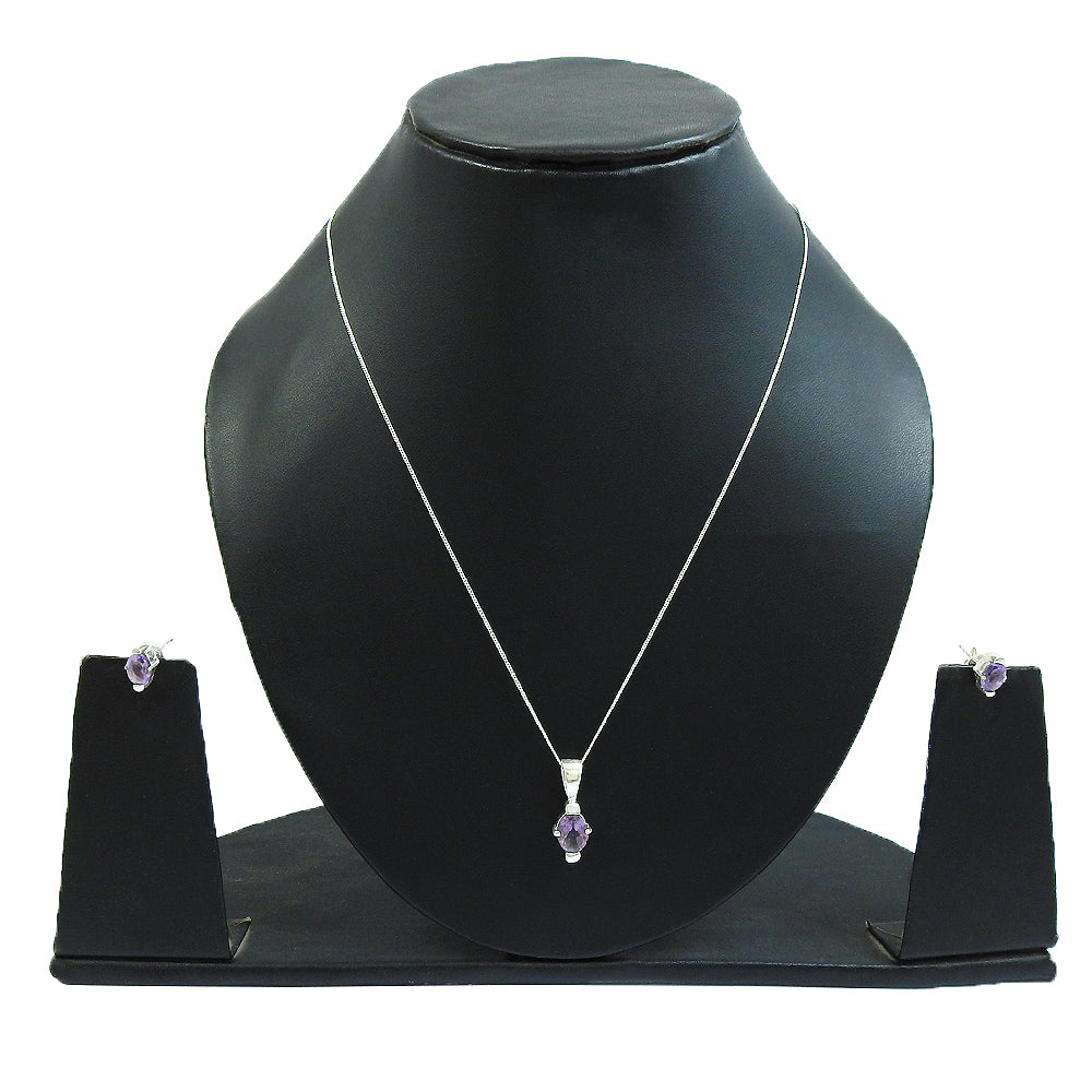Women Gift Jewelry 925 Silver Amethyst Gemstone Earrings Necklace Set