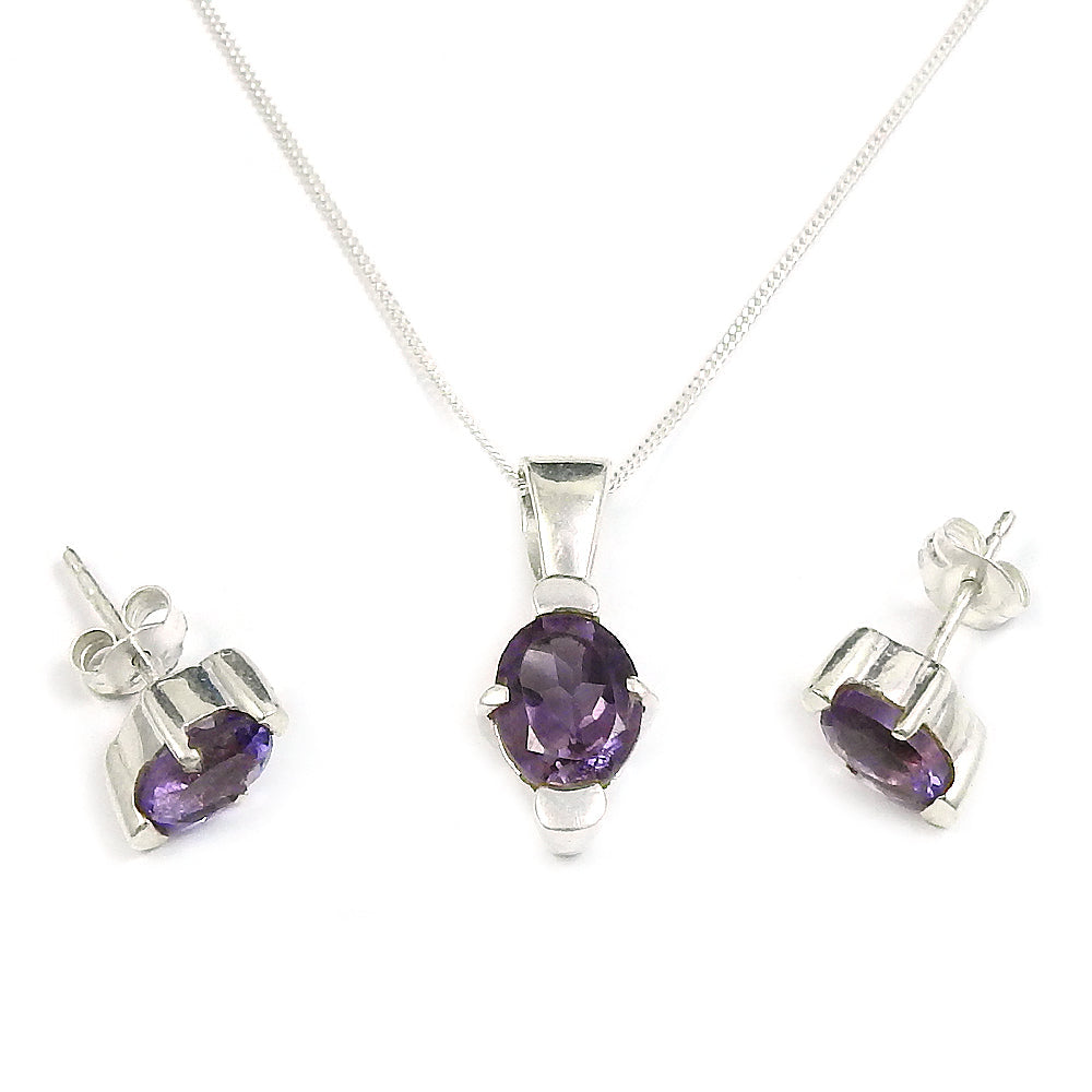 Women Gift Jewelry 925 Silver Amethyst Gemstone Earrings Necklace Set