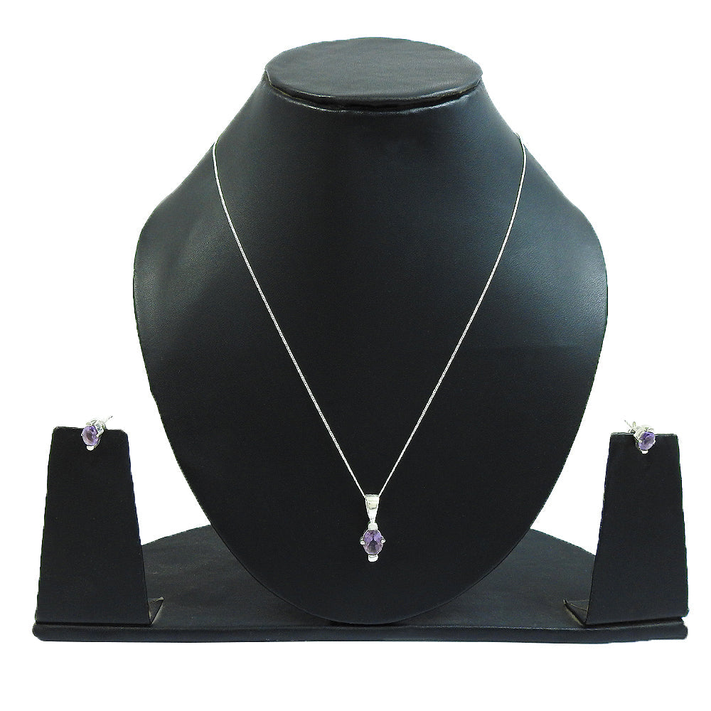 Women Gift Jewelry 925 Silver Amethyst Gemstone Earrings Necklace Set