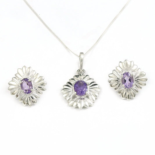 925 Silver Amethyst Gemstone Earrings Necklace Set