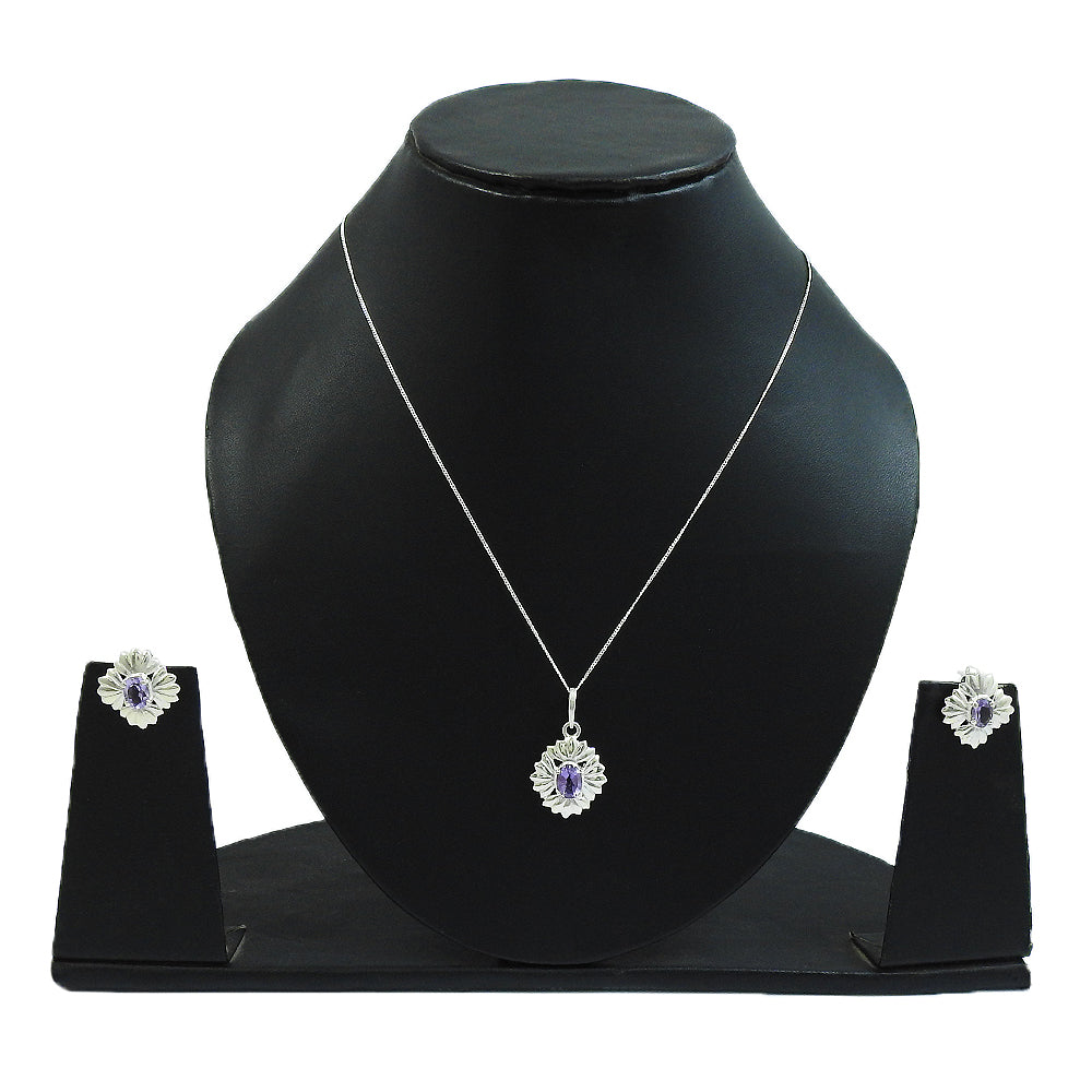 925 Silver Amethyst Gemstone Earrings Necklace Set