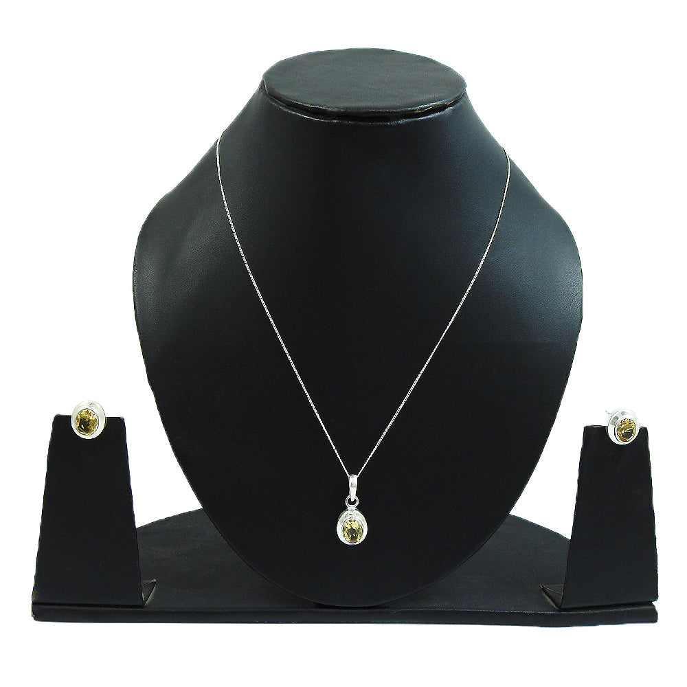 925 Sterling Silver Citrine Gemstone Earrings Necklace Set