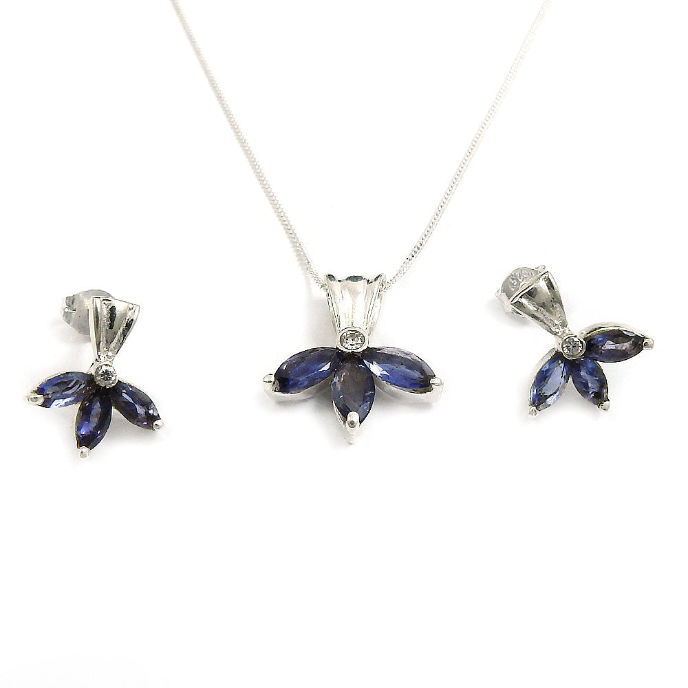 Natural Iolite Gemstone 925 Silver Earrings Necklace Set