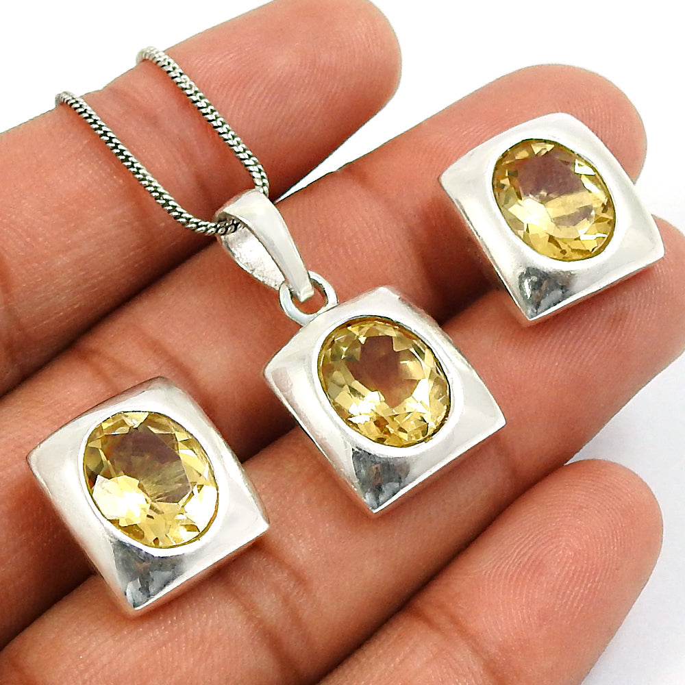 925 Sterling Silver Citrine Gemstone Earrings Pendant Set