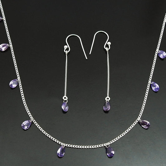Dainty Amethyst CZ Necklace Earrings Set 925 Sterling Silver Gift