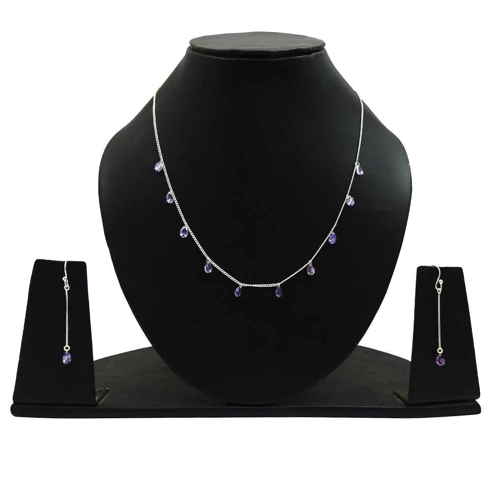 Dainty Amethyst CZ Necklace Earrings Set 925 Sterling Silver Gift