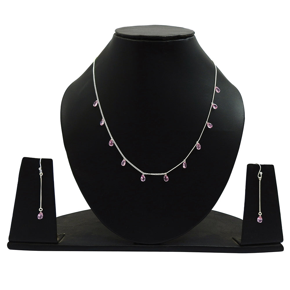 Wedding Gift Jewelry 925 Silver Pink CZ Earrings Necklace Set