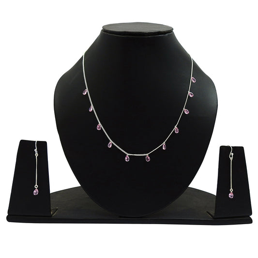 Wedding Gift Jewelry 925 Silver Pink CZ Earrings Necklace Set