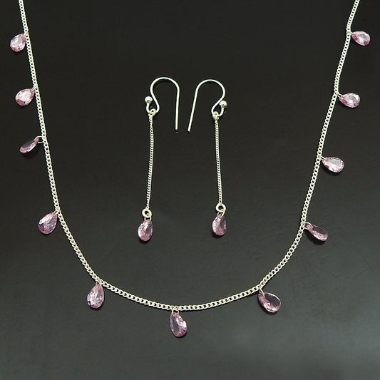 Wedding Gift Jewelry 925 Silver Pink CZ Earrings Necklace Set