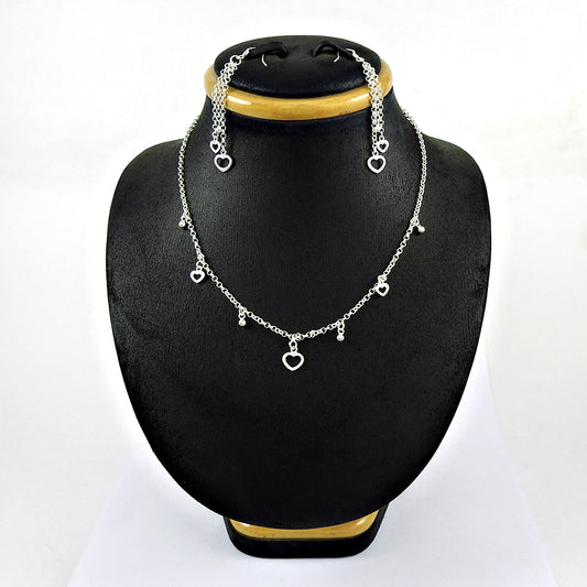 Solid 925 Sterling Silver Heart Charm Earrings Necklace Set