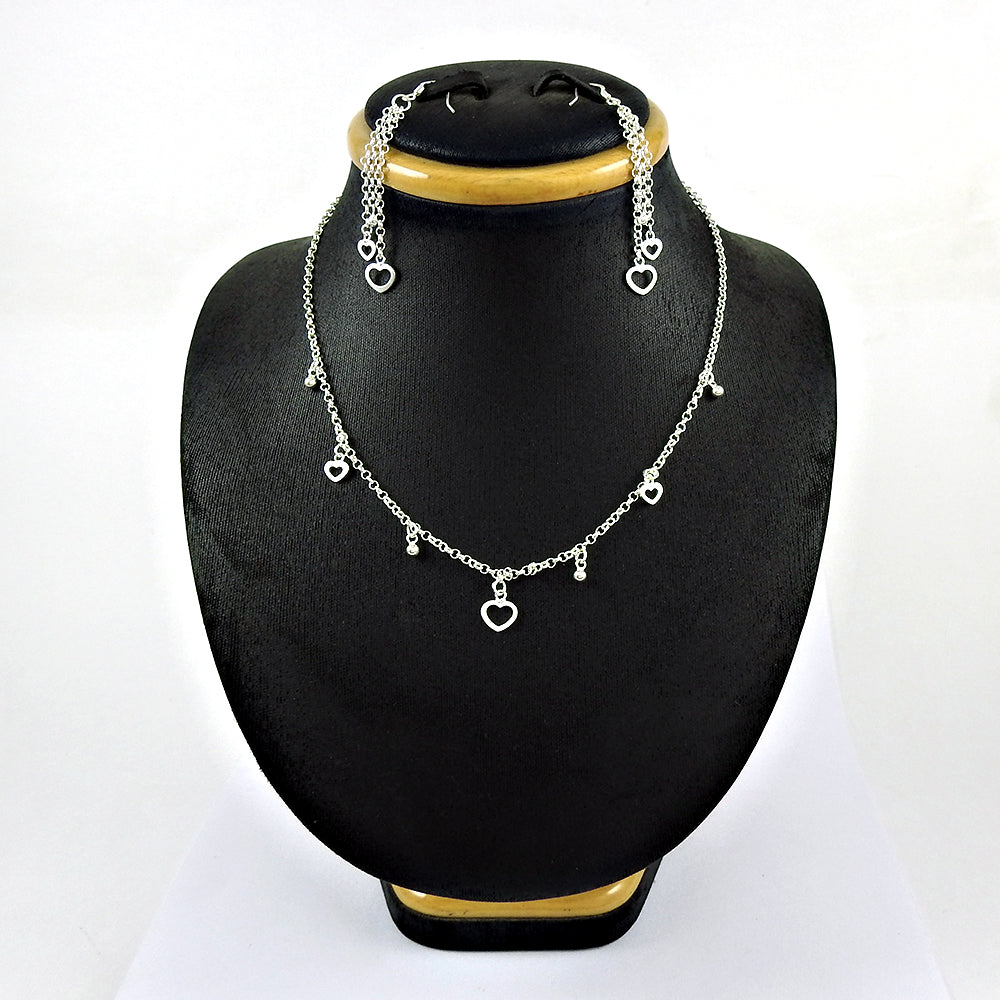 Solid 925 Sterling Silver Heart Charm Earrings Necklace Set