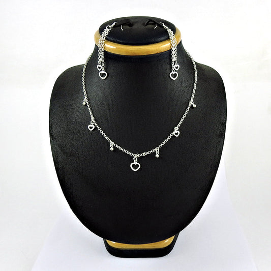 Solid 925 Sterling Silver Heart Charm Earrings Necklace Set