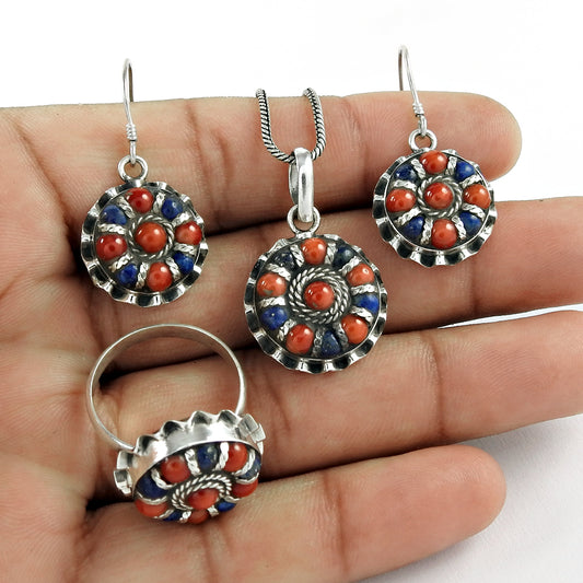 Classic 925 Silver Coral Lapis Lazuli Ring Earrings Pendant Set Perfect Gift for Her