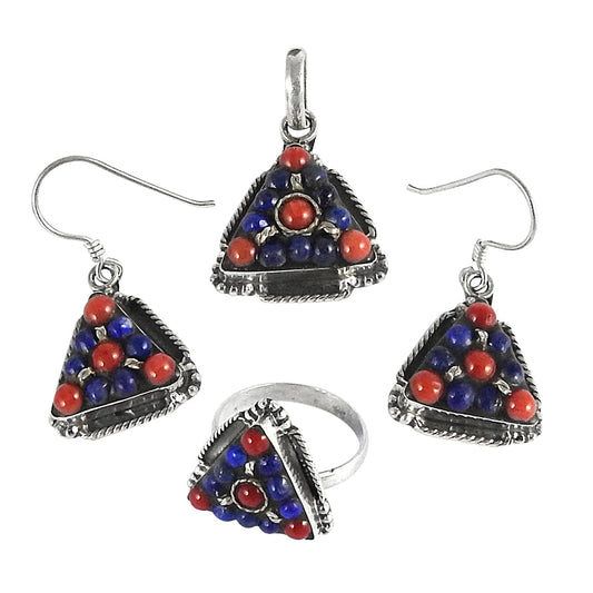 Vintage Inspired Lapis Lazuli Coral Sterling Silver Jewelry Set