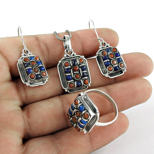 Natural Lapis Lazuli Coral 925 Sterling Silver Bohemian Jewelry Set