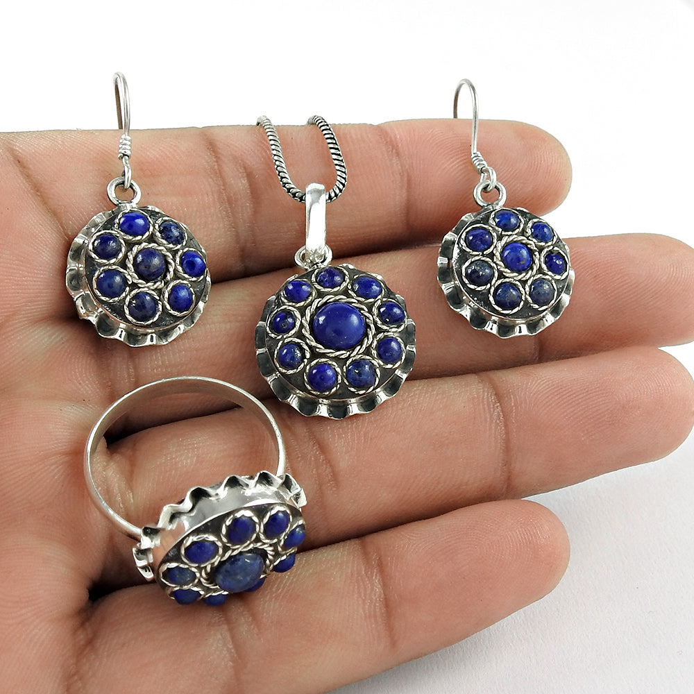 Natural Lapis Lazuli 925 Sterling Silver Ring Earrings Pendant Set for Women Girls