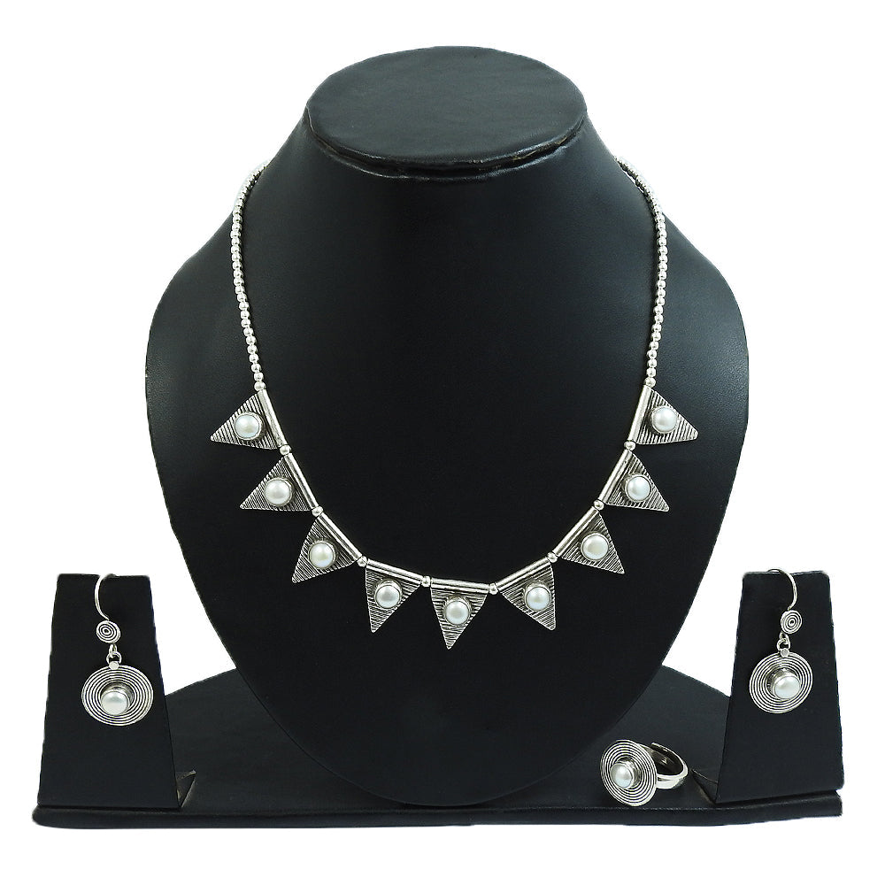 Timeless Pearl 925 Sterling Silver Jewelry Set Necklace Earrings Ring for Her