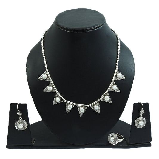 Timeless Pearl 925 Sterling Silver Jewelry Set Necklace Earrings Ring for Her