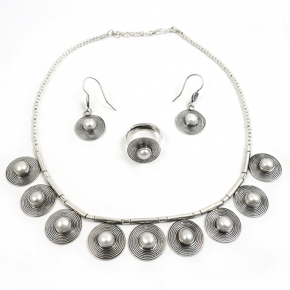 Luxury Pearl Jewelry Set 925 Silver Earrings Necklace Ring for Women Girls