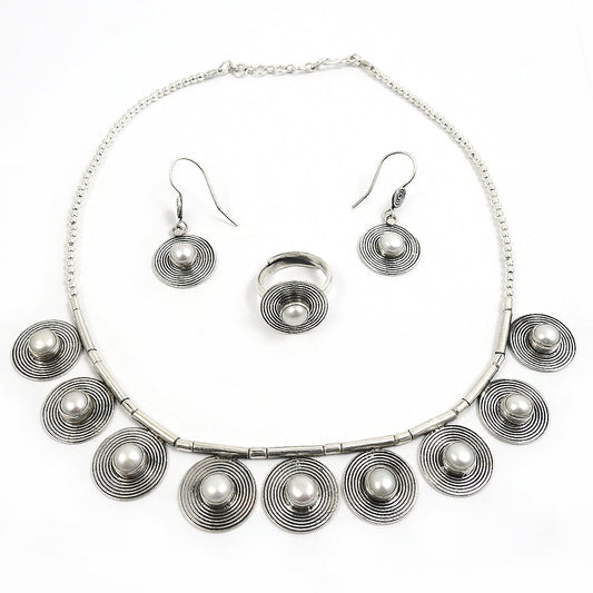 Luxury Pearl Jewelry Set 925 Silver Earrings Necklace Ring for Women Girls