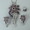 Luxury Ruby Amethyst White CZ Rhodium Plated 925 Silver Earrings Pendant Ring Set
