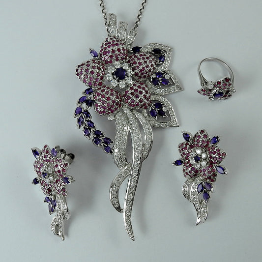 Luxury Ruby Amethyst White CZ Rhodium Plated 925 Silver Earrings Pendant Ring Set