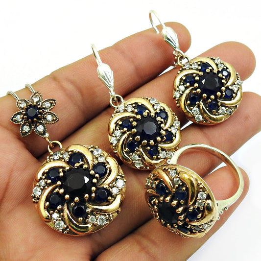 Gold Plated 925 Silver Jewelry Set Iolite White CZ Earrings Pendant Ring