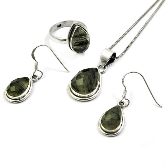 Elegant Earrings Pendant Ring 925 Sterling Silver Black Rutile Jewelry Set for Women