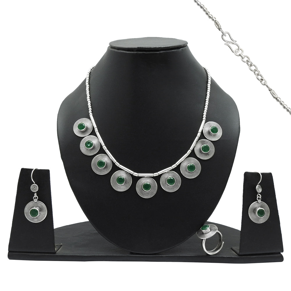 Natural Green Onyx 925 Sterling Silver Earrings Necklace Ring Set