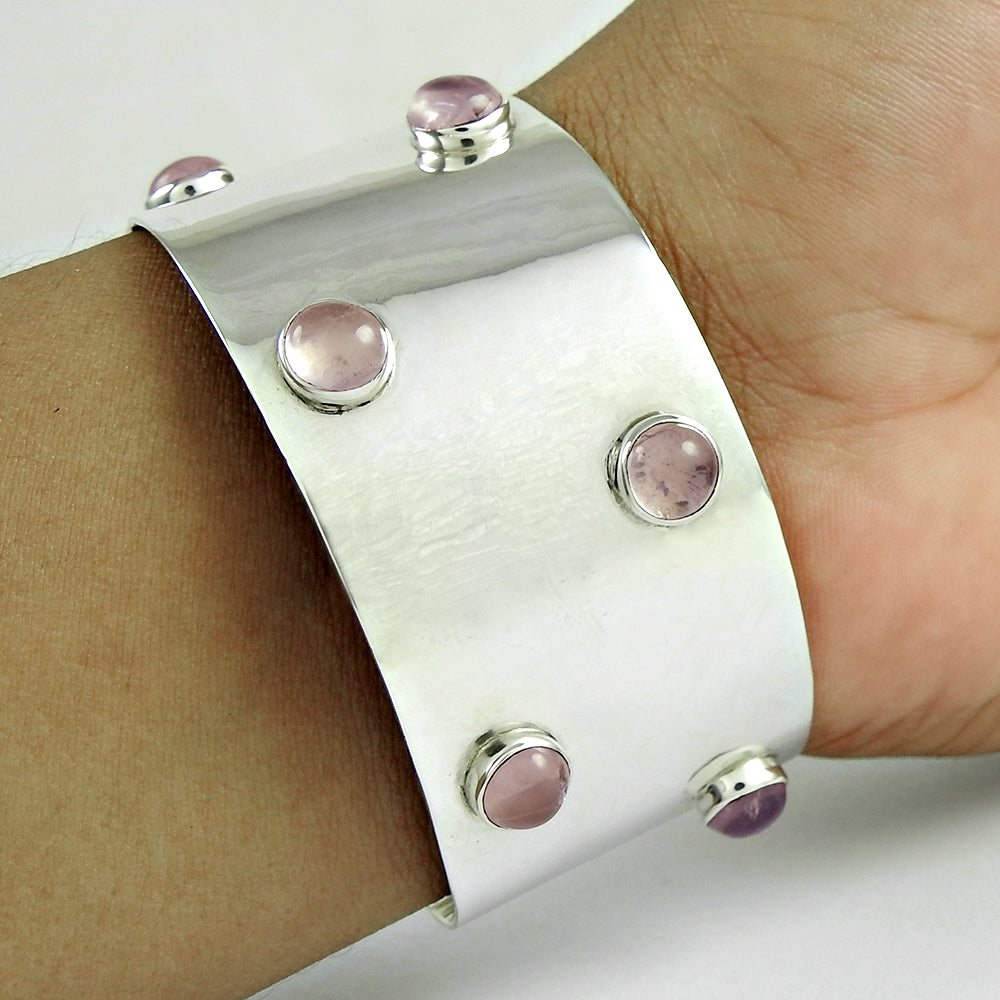 Solid 925 Sterling Silver Natural Rose Quartz Gemstone Cuff Bangle