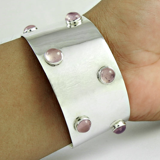 Solid 925 Sterling Silver Natural Rose Quartz Gemstone Cuff Bangle