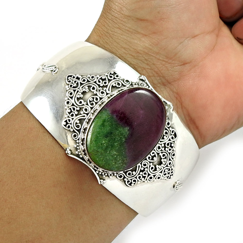 Vintage 925 Sterling Silver Natural Ruby Zoisite Gemstone Open Bangle