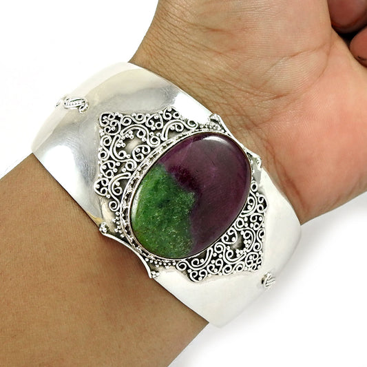 Vintage 925 Sterling Silver Natural Ruby Zoisite Gemstone Open Bangle