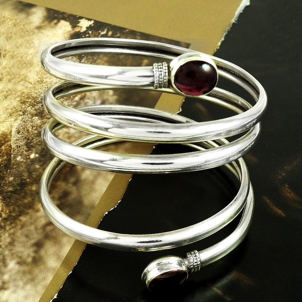 Solid Silver 925 Natural Garnet Gemstone Designer Bangle