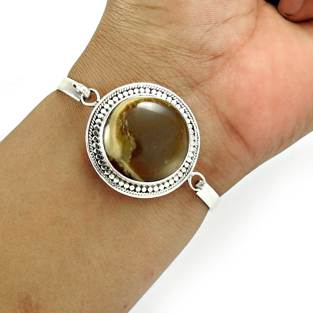 Luxury 925 Sterling Silver Natural Honey Rhodochrosite Gemstone Cuff Bangle