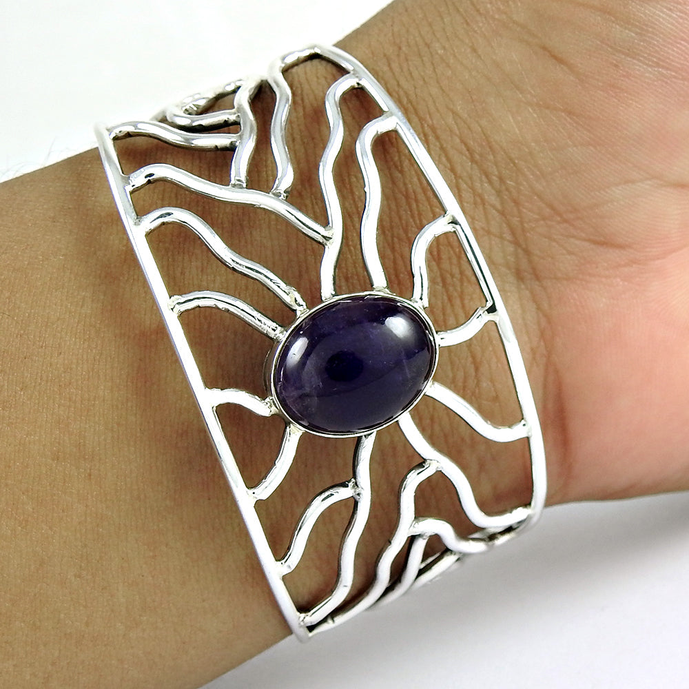 Natural Amethyst 925 Sterling Silver Open Cuff Bangle