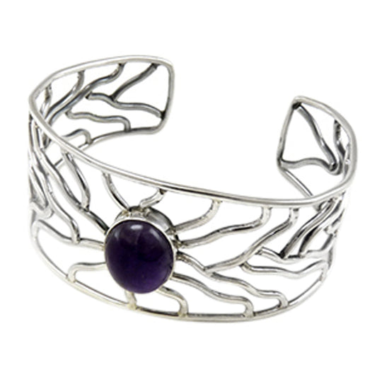 Natural Amethyst 925 Sterling Silver Open Cuff Bangle