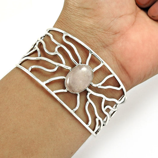 Natural Rose Quartz 925 Sterling Silver Open Cuff Bangle