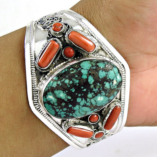 Natural Turquoise Coral Gemstone 925 Sterling Silver Vintage Bangle