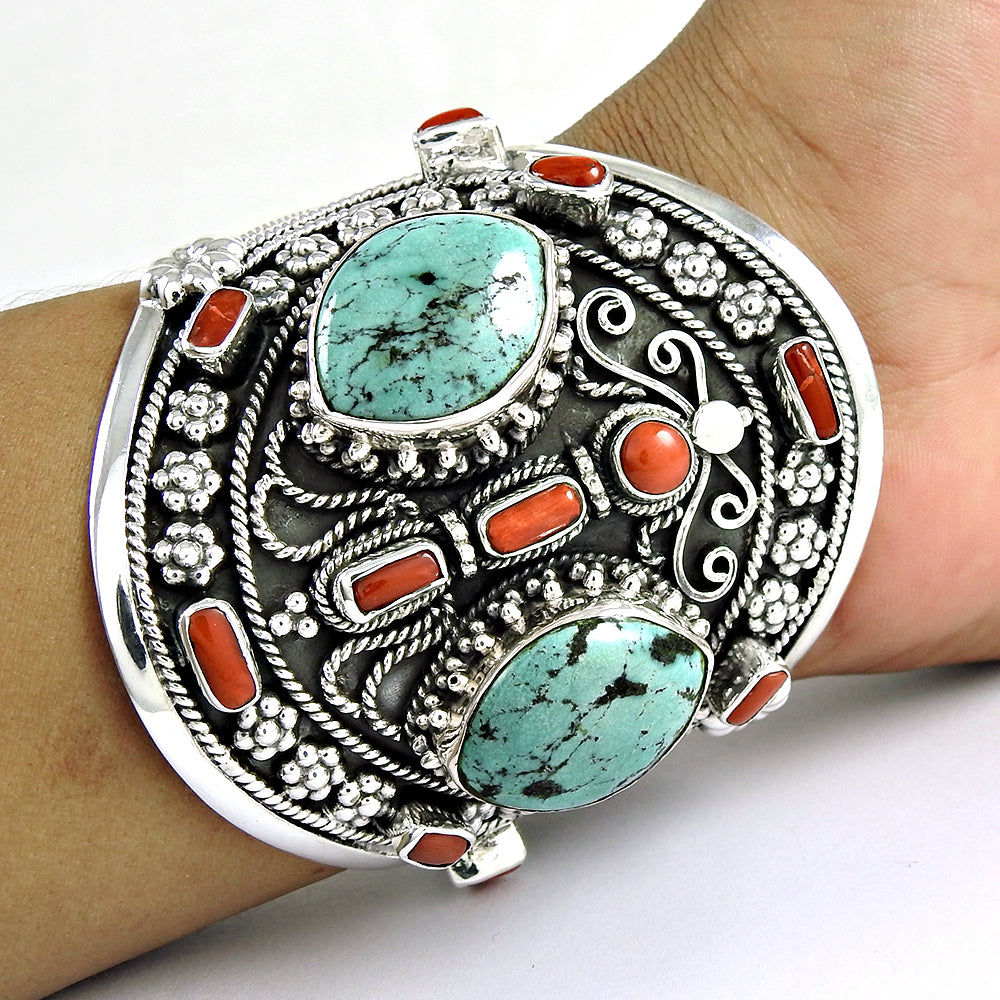 Natural Coral Turquoise Gemstone Sterling Silver Handmade Cuff Bangle