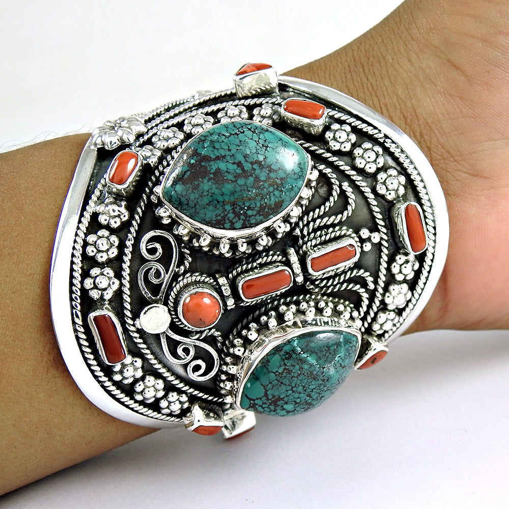 Natural Turquoise Coral Gemstone 925 Silver Elegant Cuff Bangle
