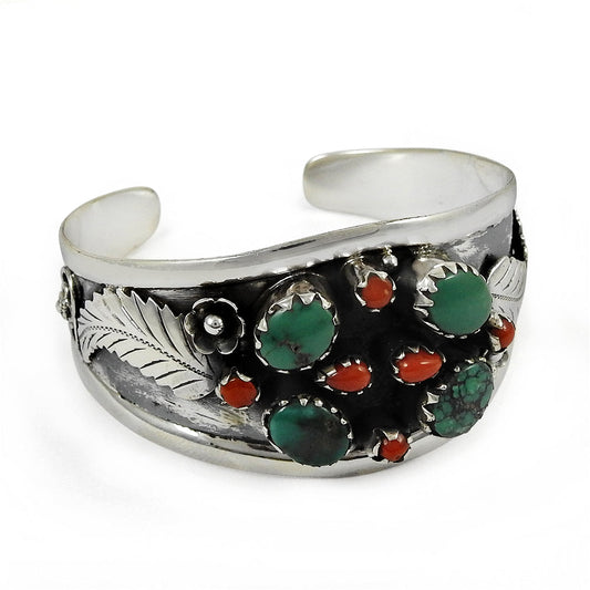 Natural Coral Turquoise 925 Sterling Silver Cuff Bangle