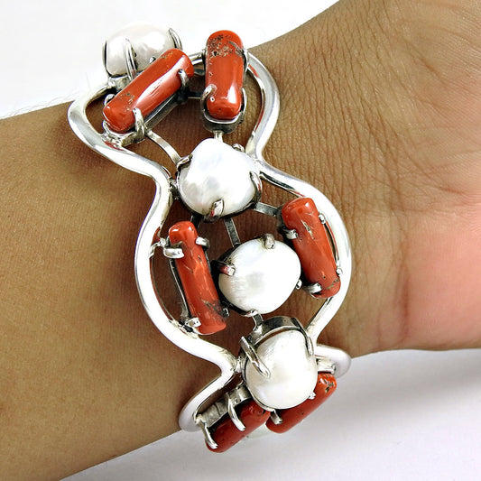 Vintage Style 925 Sterling Silver Natural Pearl Coral Gemstone Bangle