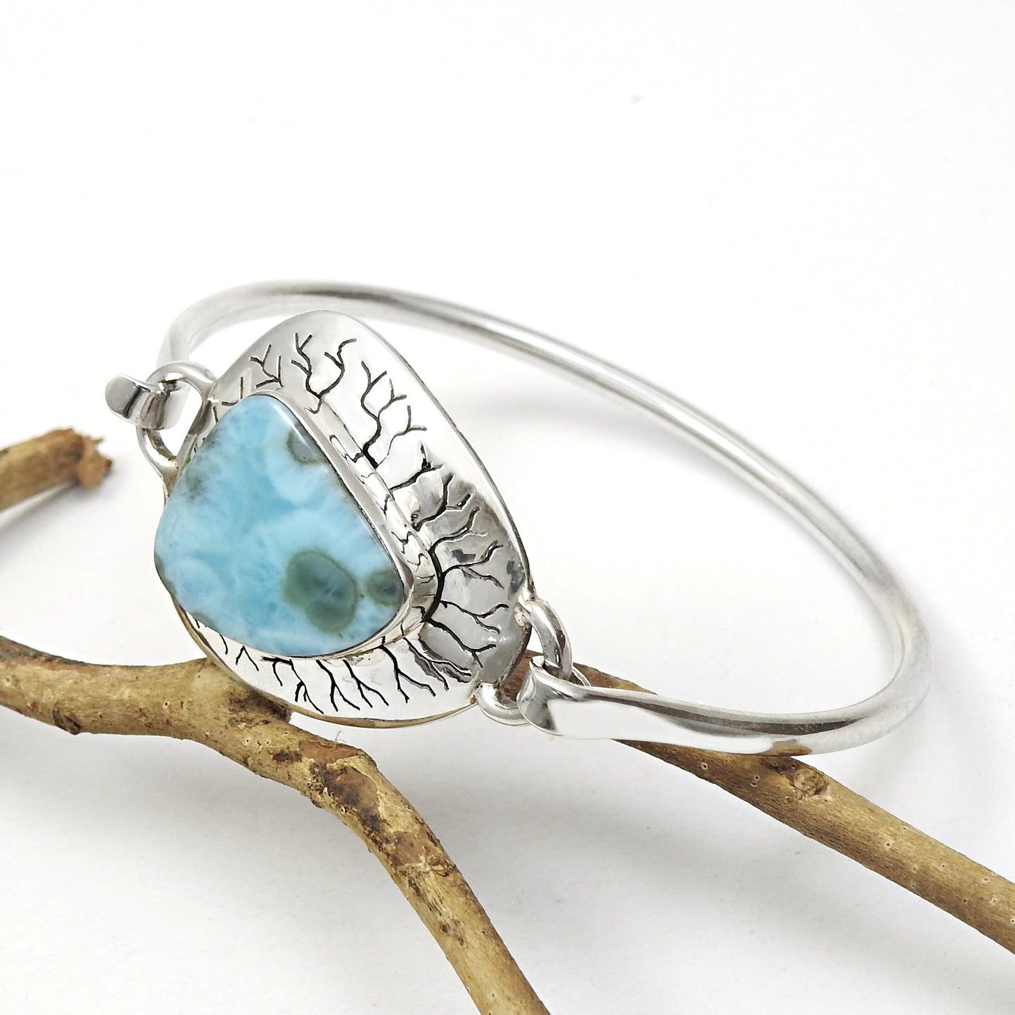 Designer 925 Sterling Silver Natural Larimar Gemstone Bangle