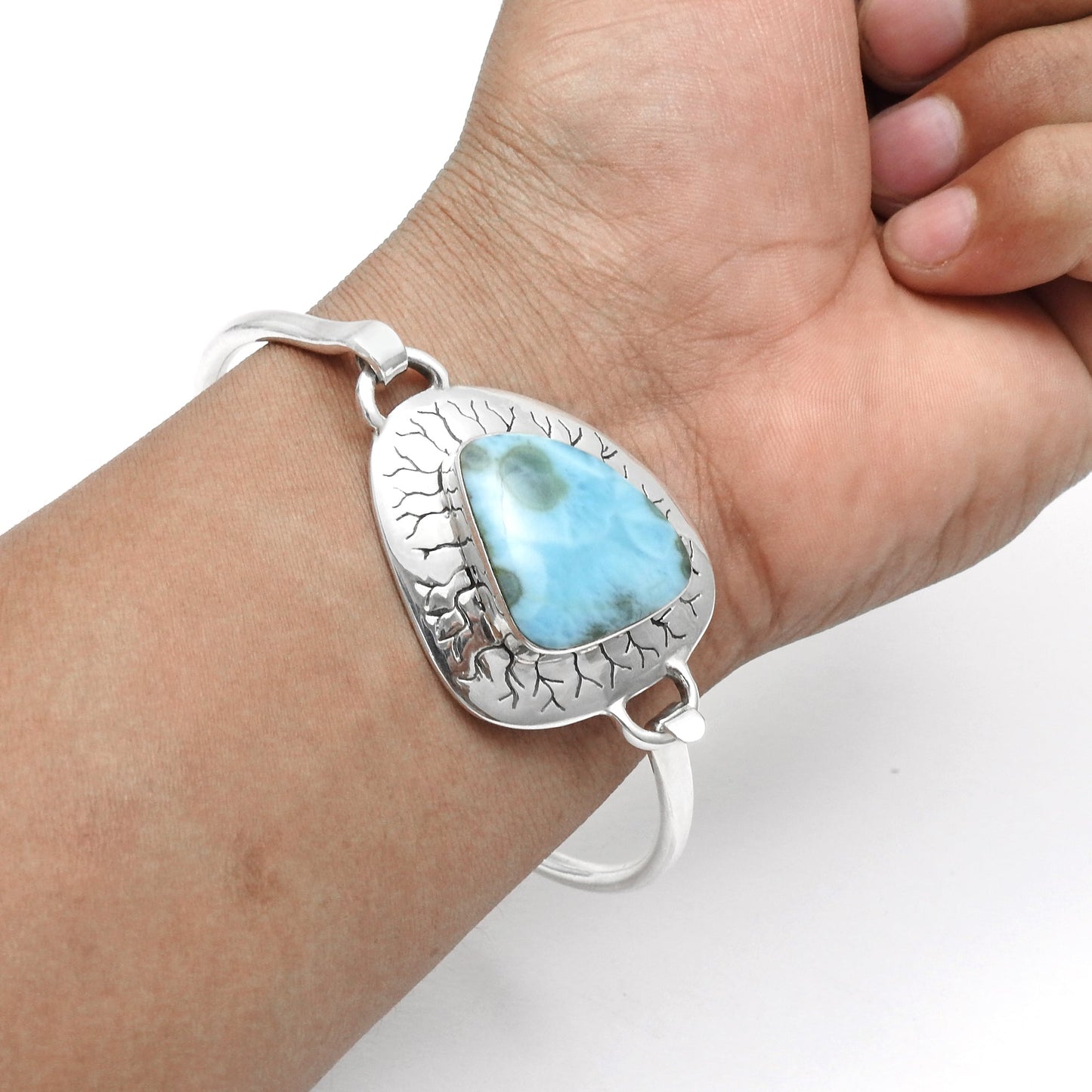 Designer 925 Sterling Silver Natural Larimar Gemstone Bangle
